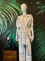 Blazer cu pantaloni, imprimeu geometric, alb-negru