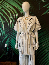 Blazer cu pantaloni, imprimeu geometric, alb-negru