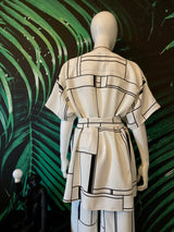 Blazer cu pantaloni, imprimeu geometric, alb-negru