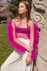 Bluza fuchsia din tul cu volane pe maneci