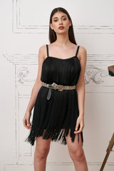 Rochie neagra cu franjuri si fermoar metalic pe spate