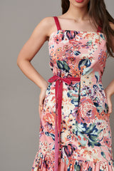 Rochie cu imprimeu floral, cordoane din catifea